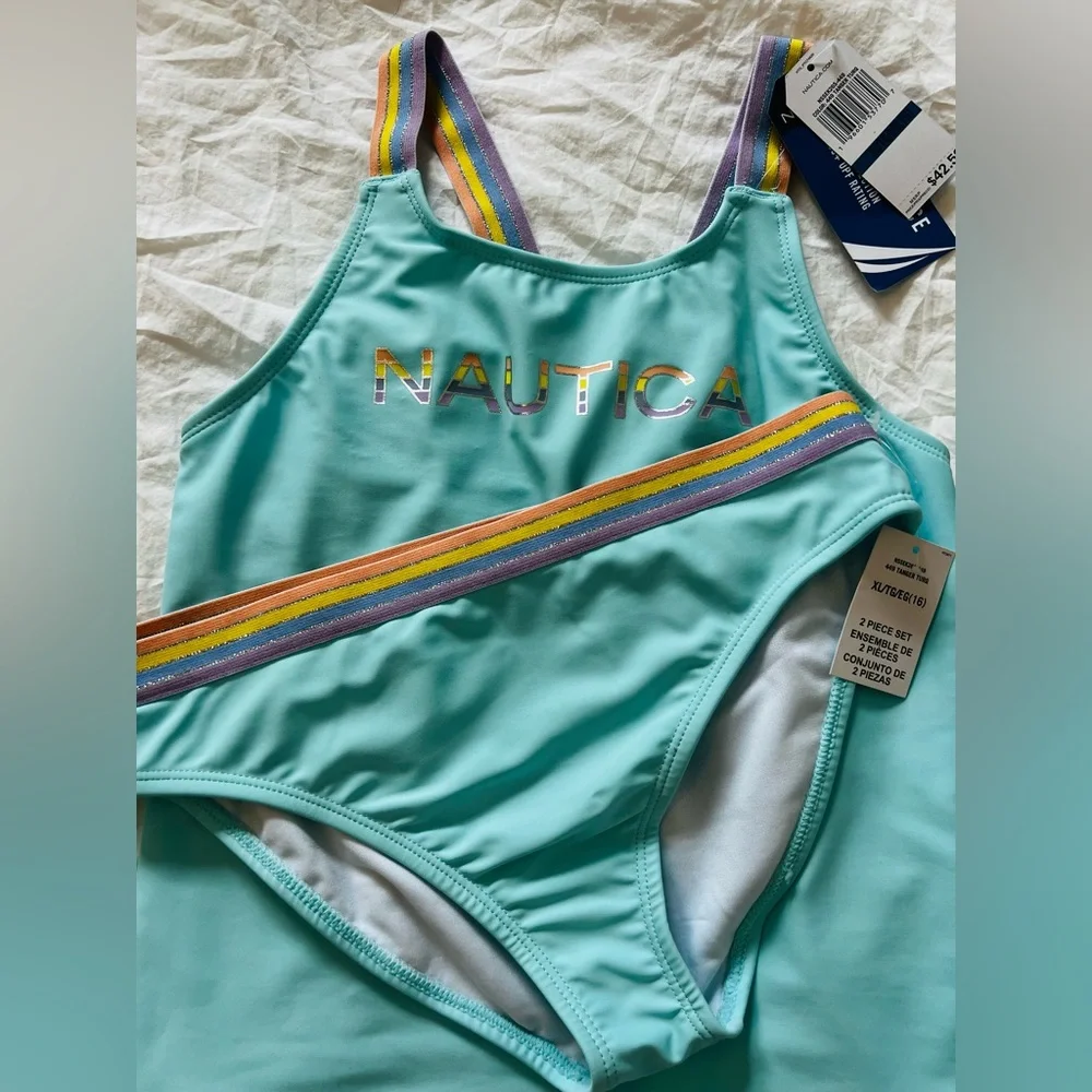 Nautica Girls' Two-piece‎ Swimsuit Set Aqua Blue with Rainbow Striped Straps XL